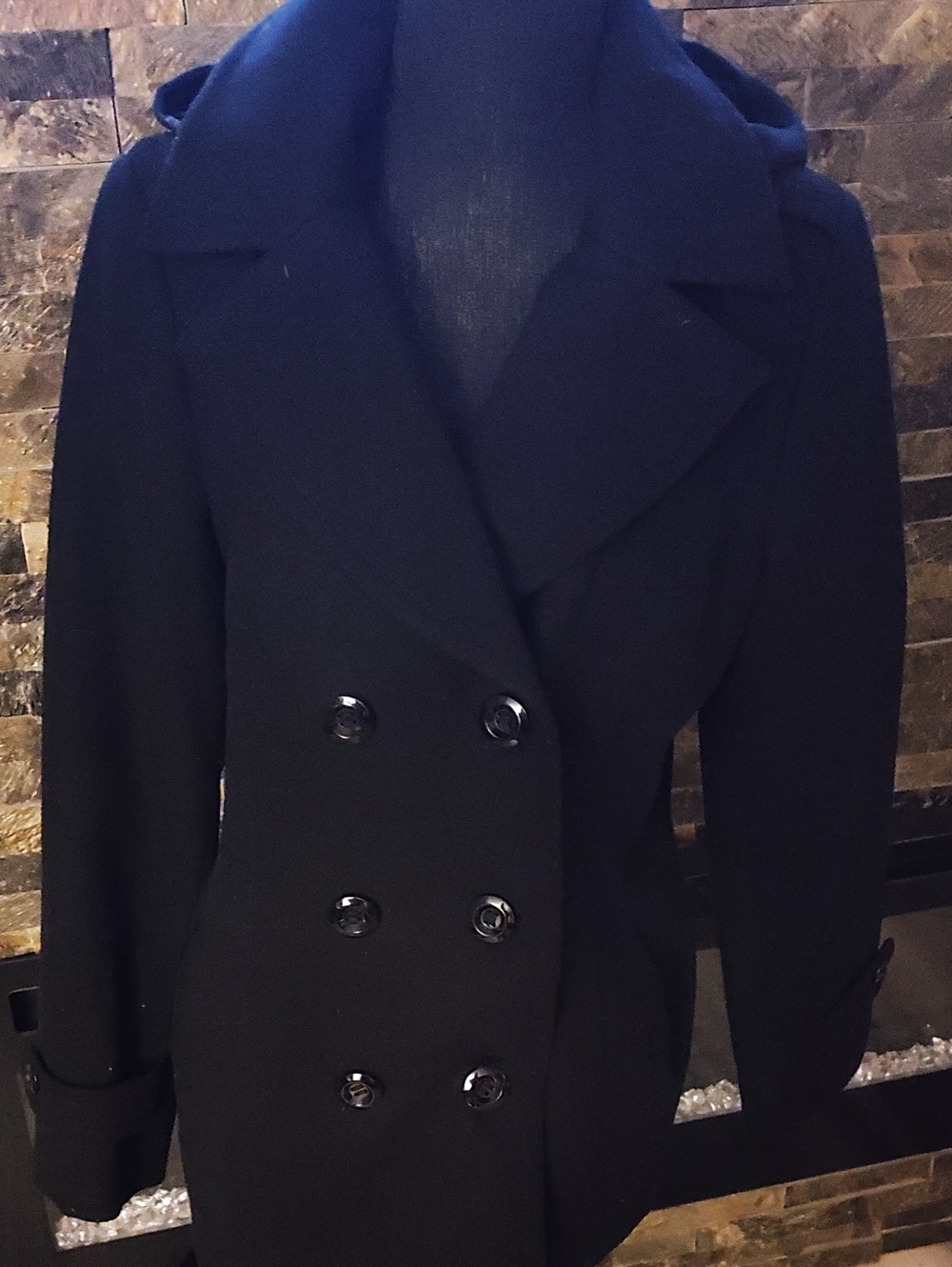 Attention Classic Double-Breasted Black Peacoat Detachable Hood Size Medium